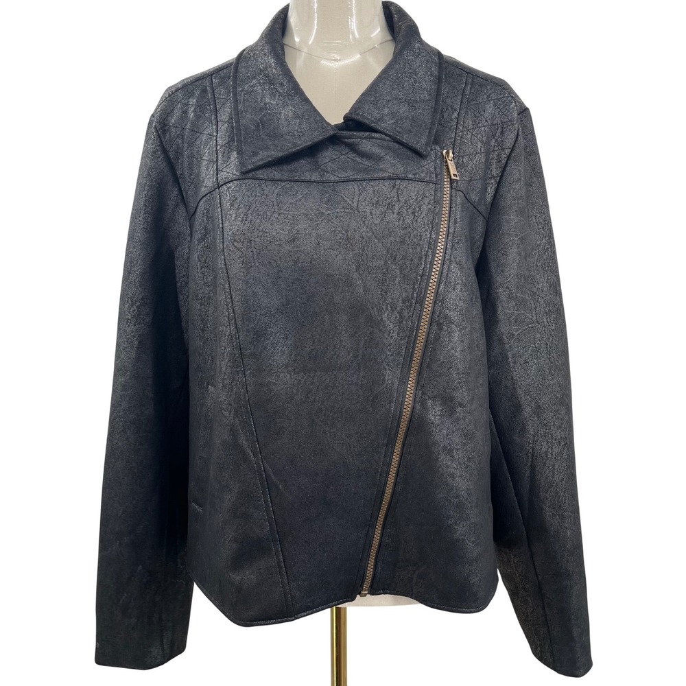 Frye and Co. Moto Jacket Women XXL Black Crackle Faux Leather Biker
